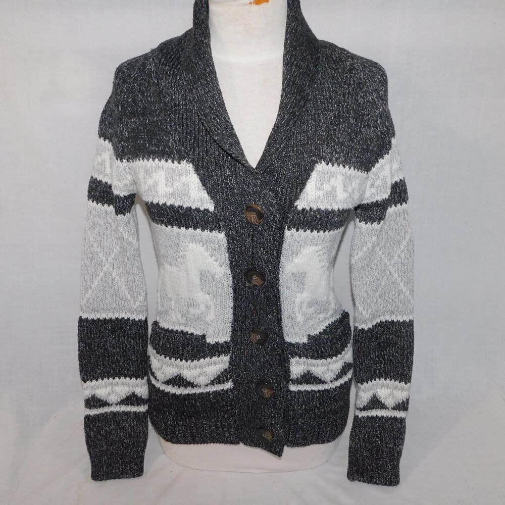 Bluenotes Wild Horse Stallion Button Front Cardigan Sweater Gray White Womens S